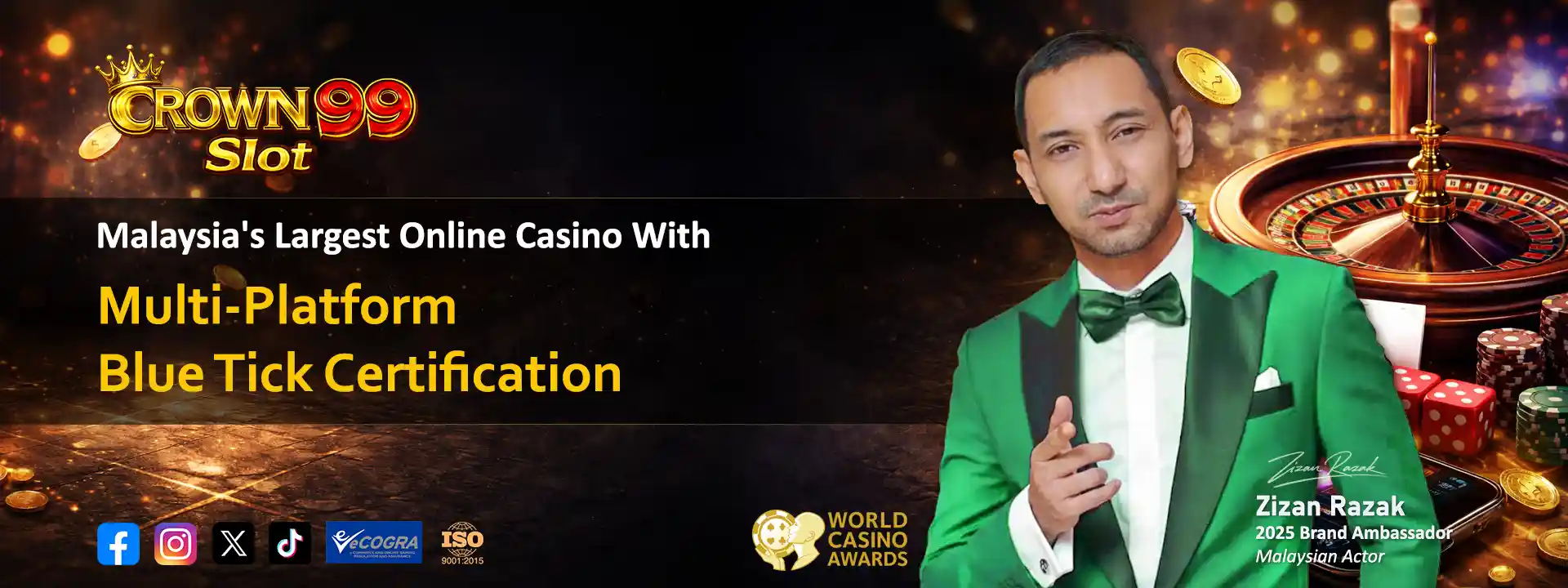 Elegant live casino hostess at a roulette table with a luxury atmosphere representing the Crown99 Casino Malaysia experience